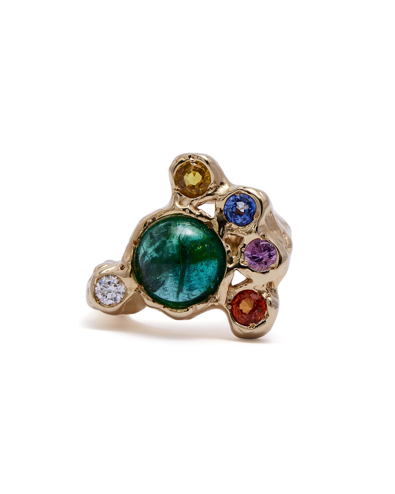 Stunning Cabochon Emerald & Multicolored Sapphire Ring 