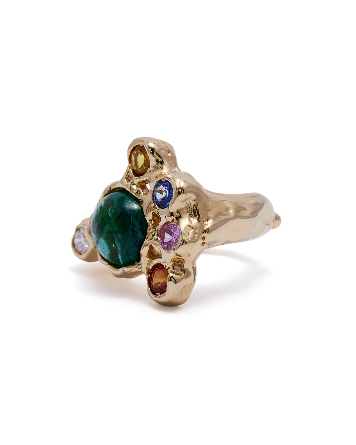 Stunning Cabochon Emerald & Multicolored Sapphire Ring 