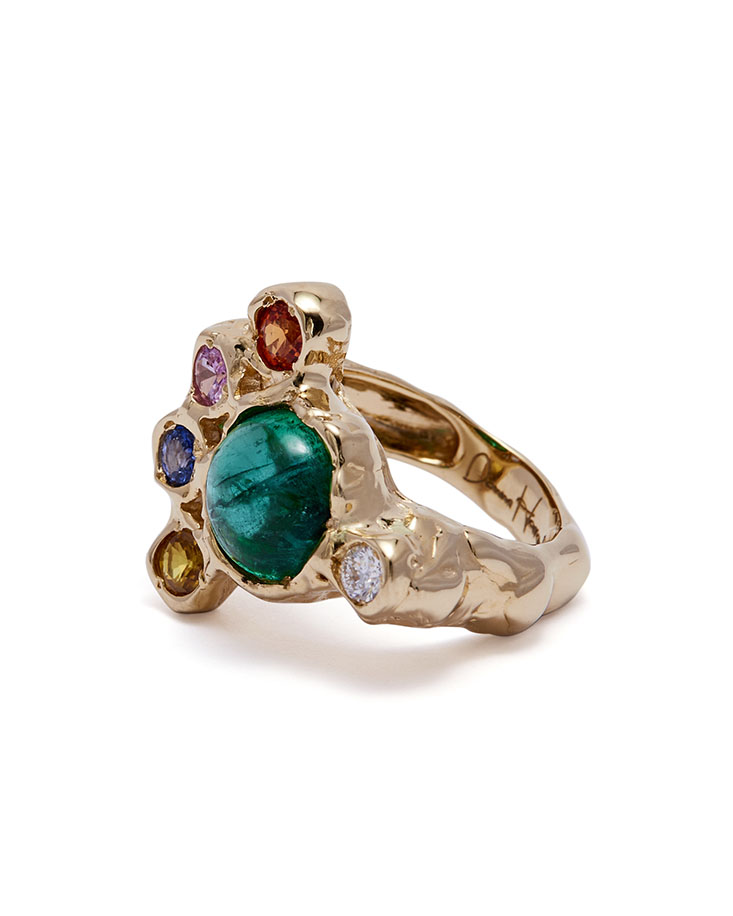 Stunning Cabochon Emerald & Multicolored Sapphire Ring 