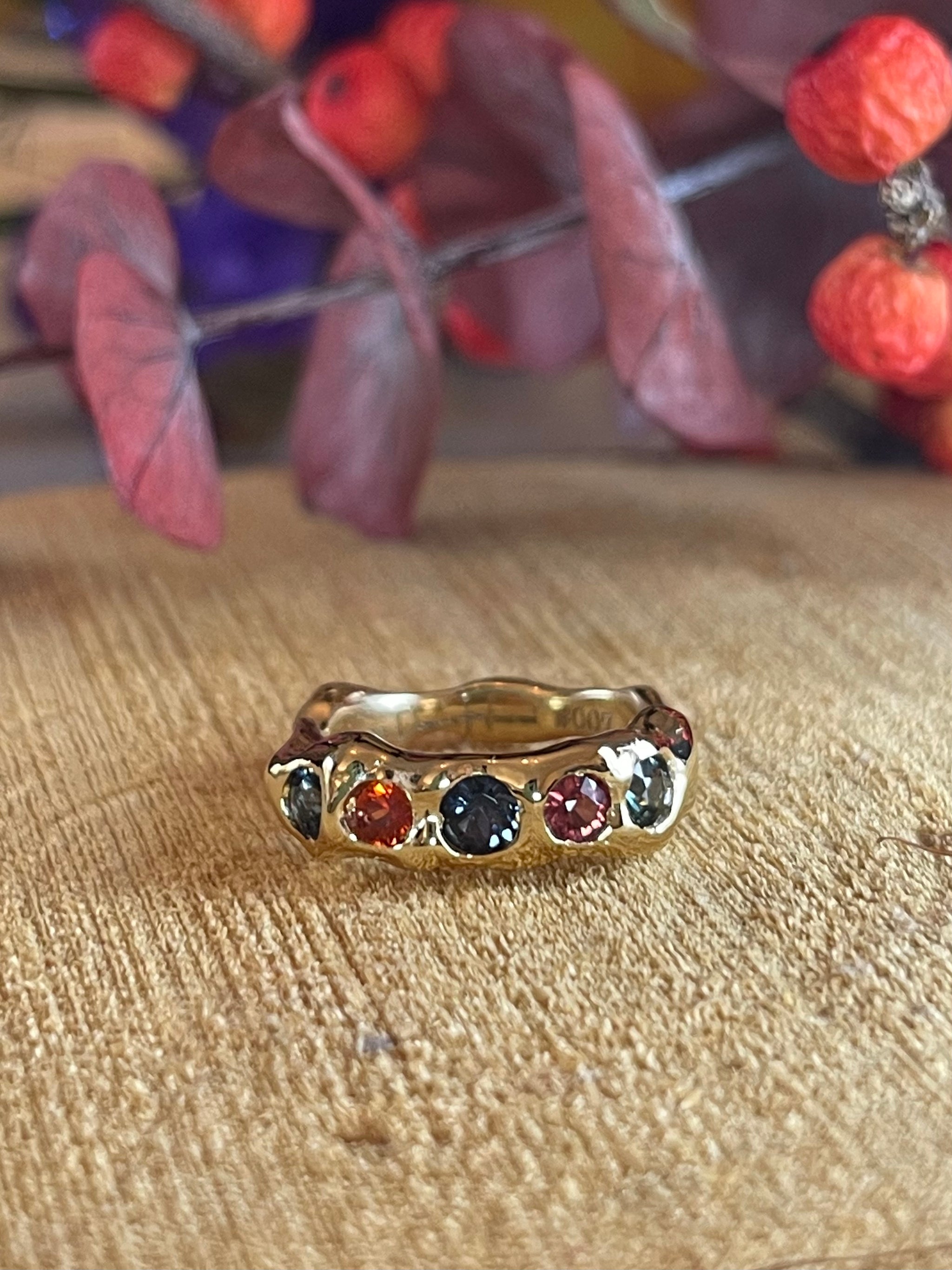 Handmade Stackable Ring with Orange and Blue Spinels 