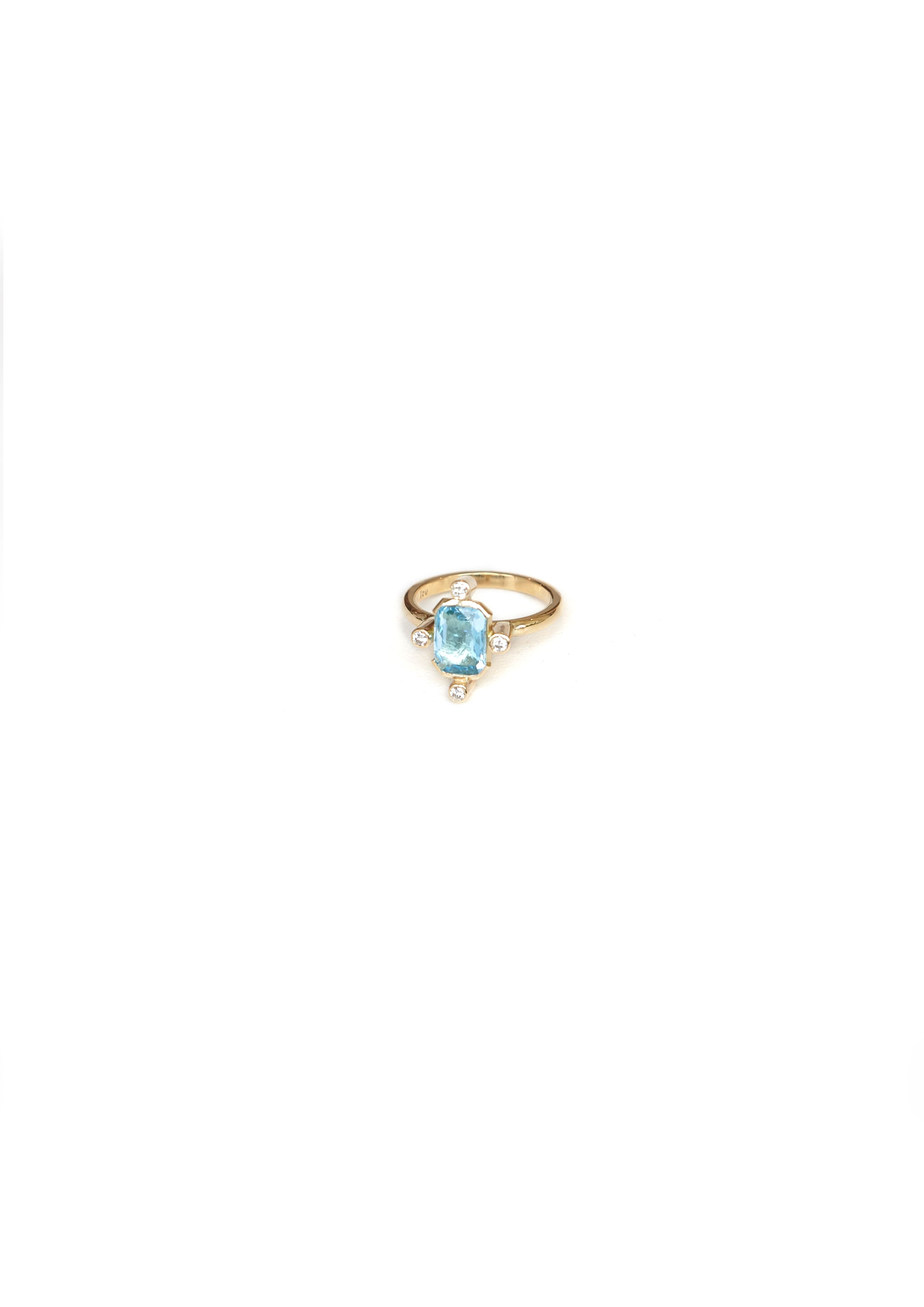 Handmade and Bold Ring with Blue Topaz Stone Framed in Diamonds 